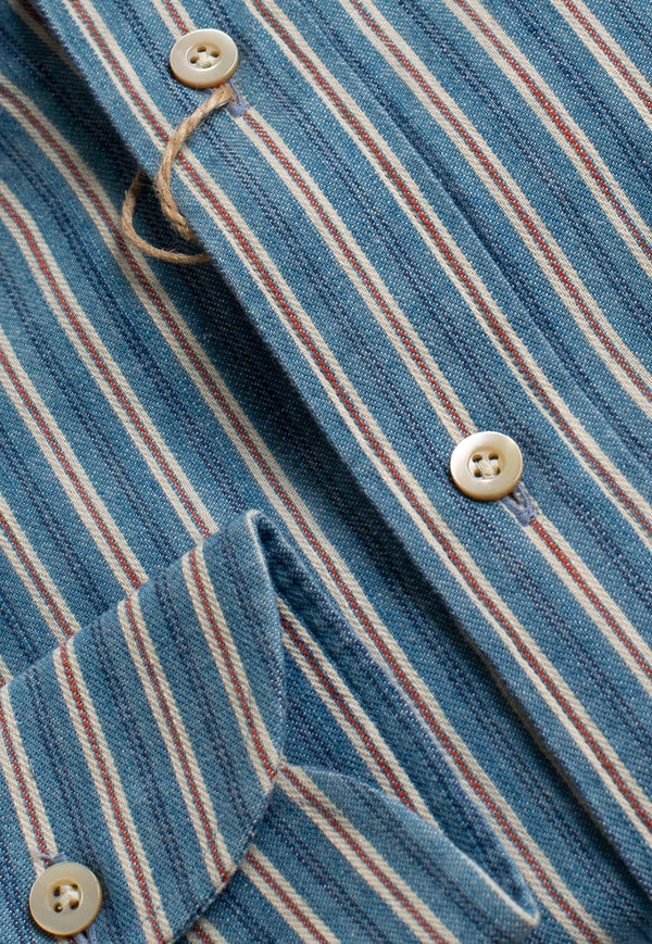 Japanese Red Striped Denim Shirt pocket and buttons close up